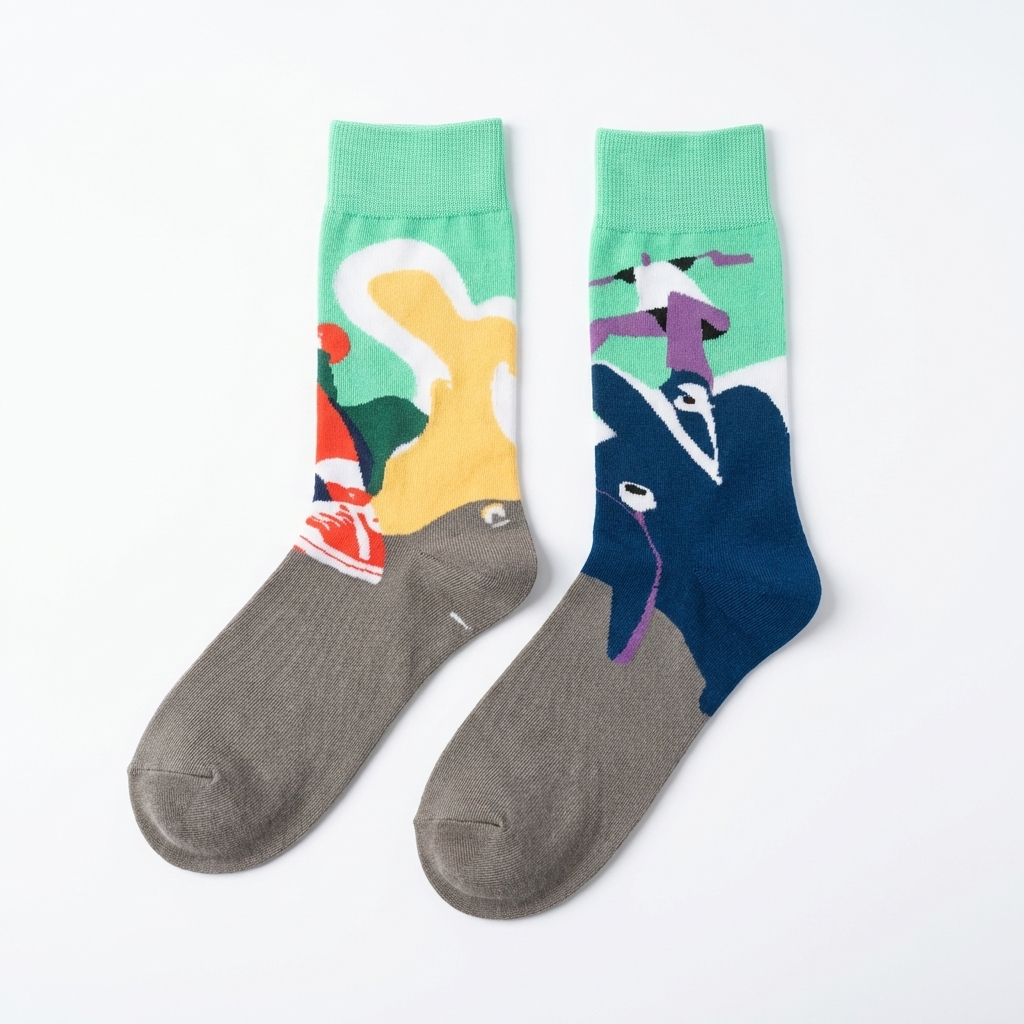 Two socks with colorful designs on a white background