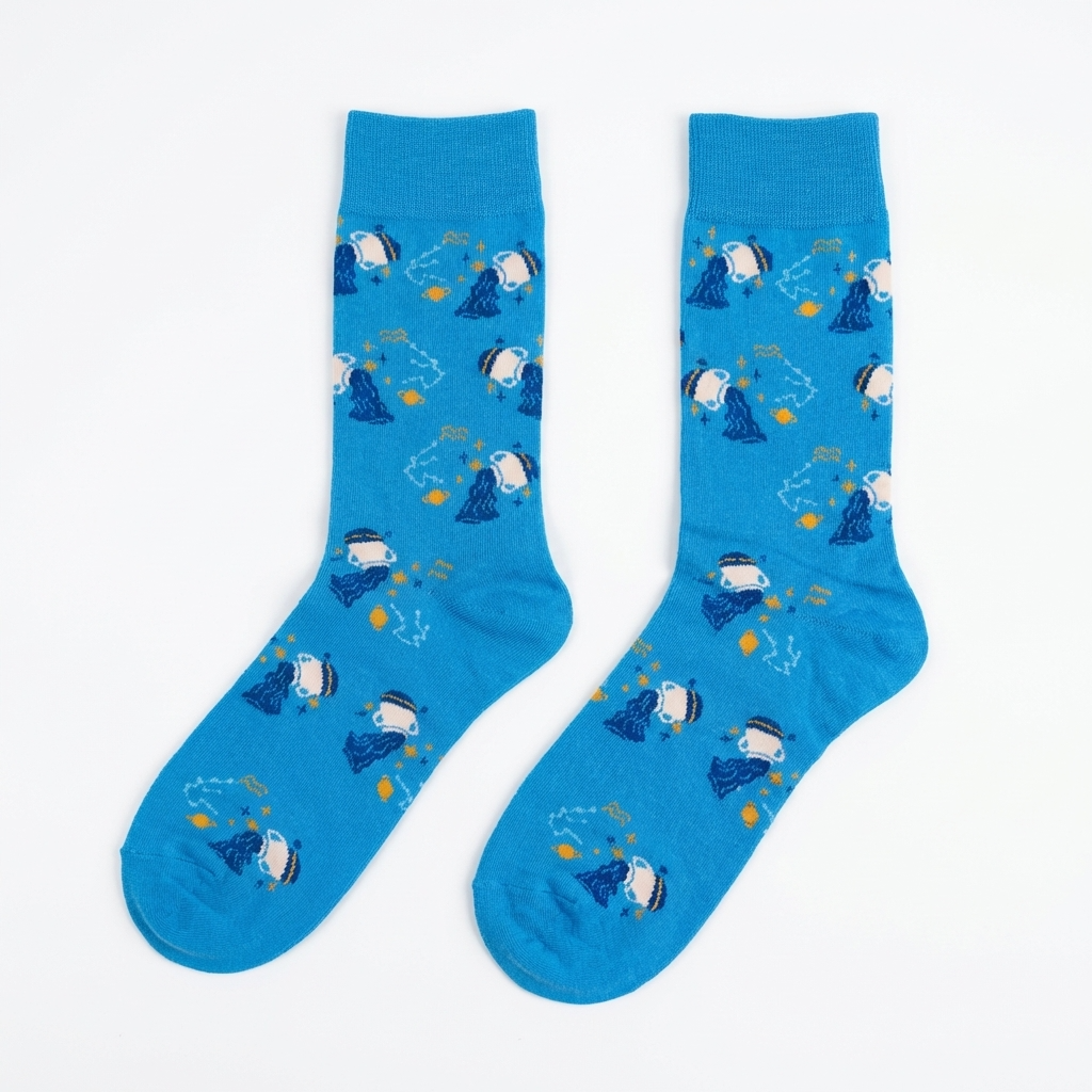 Pair of blue socks with cartoon character design on a white background