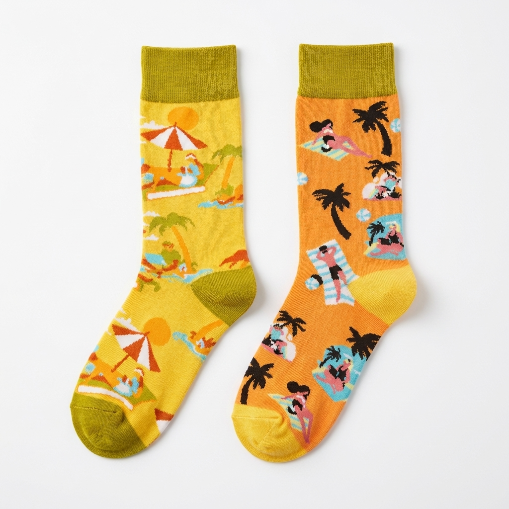 Two pairs of socks with beach-themed designs on a white background