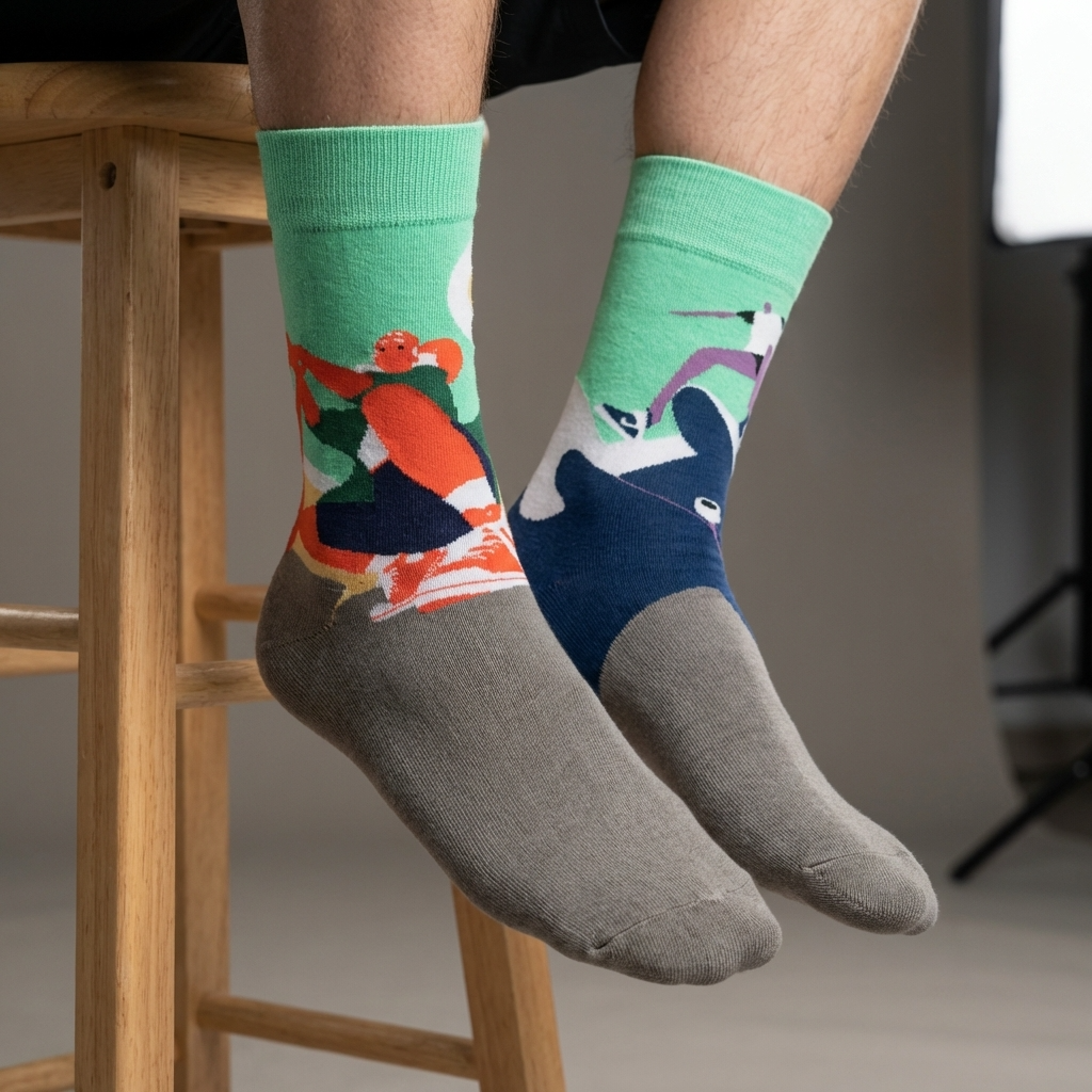 Person wearing colorful socks designs on a wooden stool.