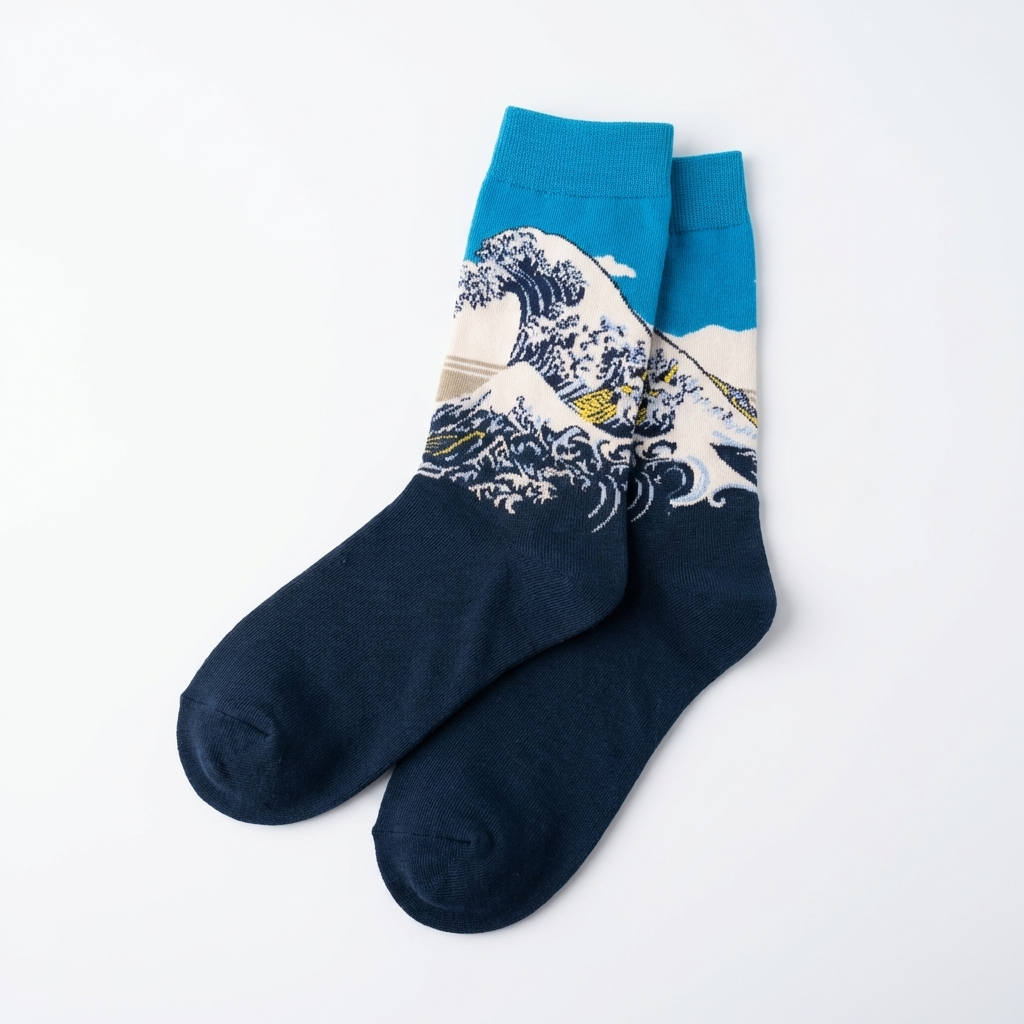 Navy blue socks with wave design on a white background