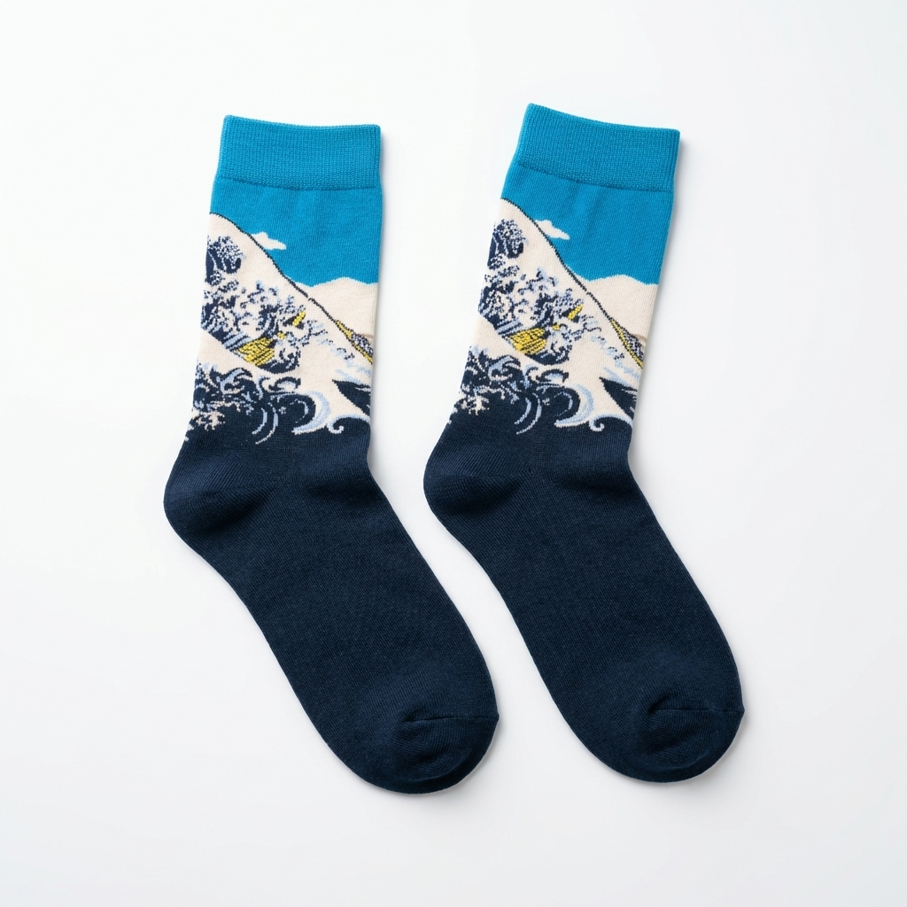 Pair of socks with blue and white design on a light gray background