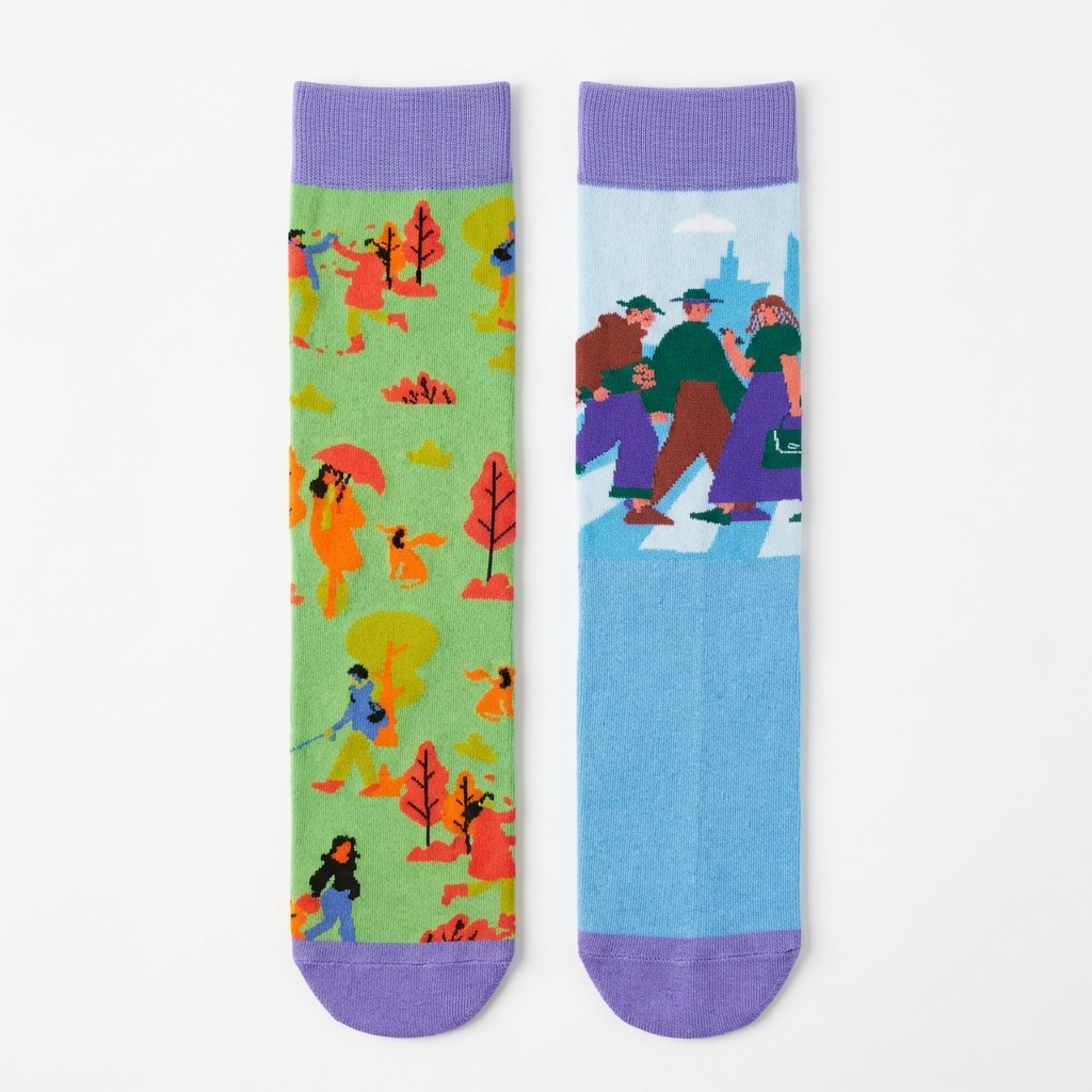 Two socks with colorful designs of people and trees on a white background