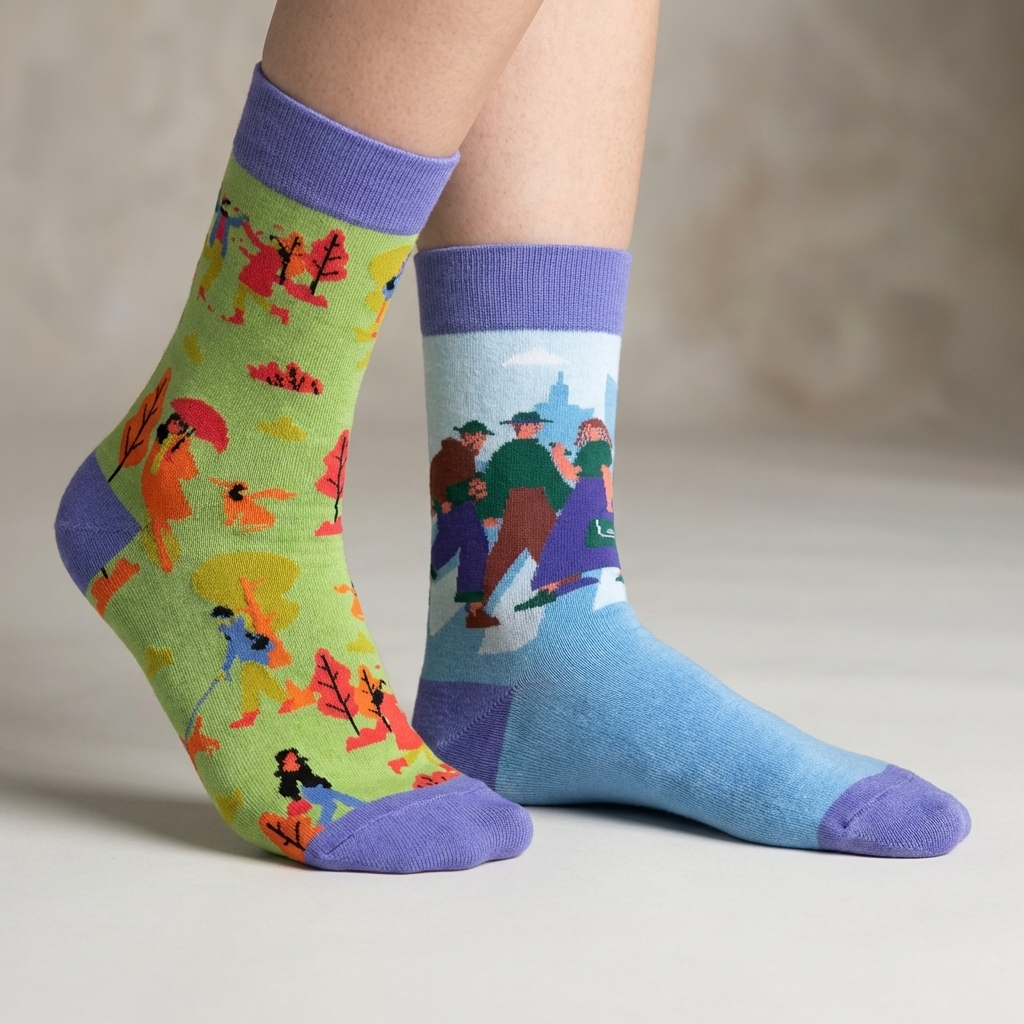 Colorful socks with patterns on a neutral background