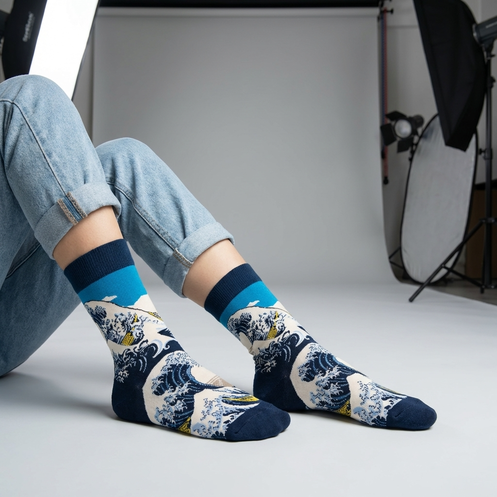 Person wearing blue and white patterned socks with denim jeans in a studio setting.