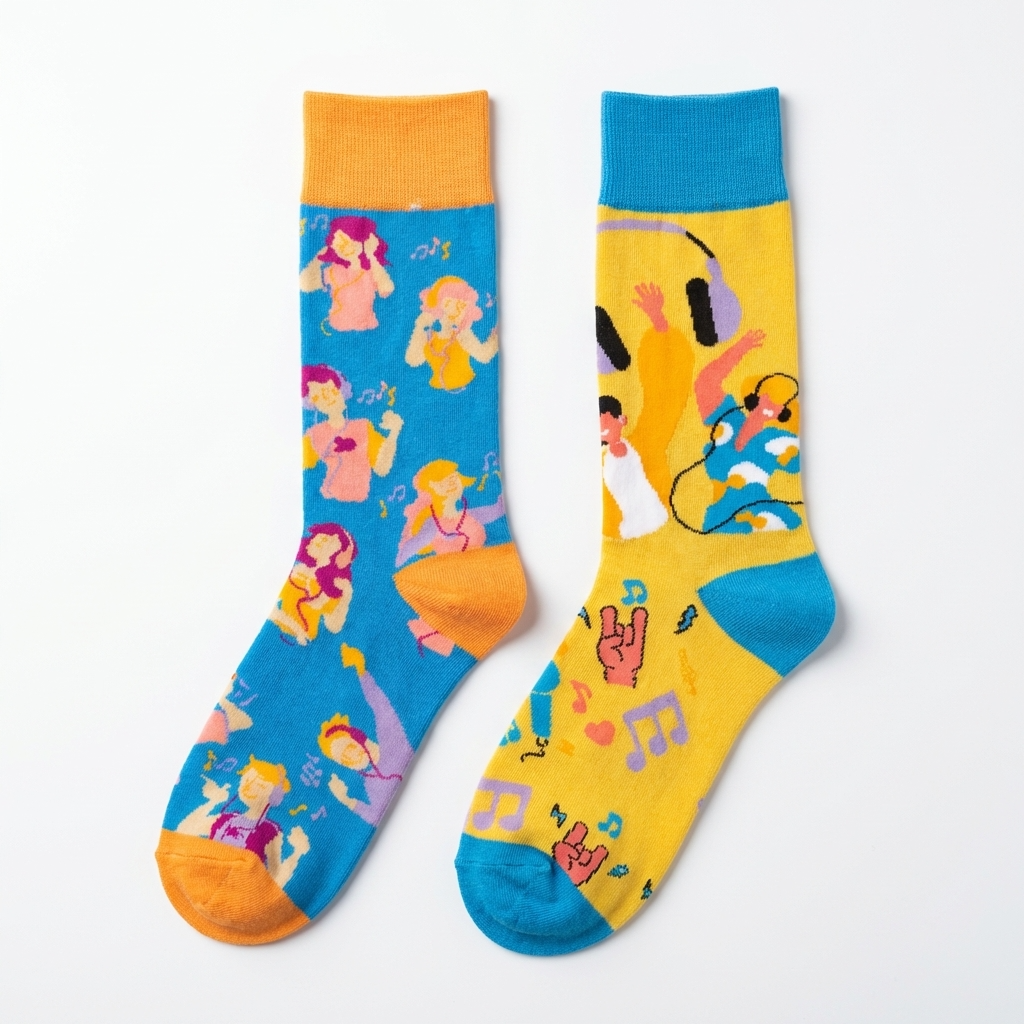 Two colorful socks with musical-themed designs on a white background