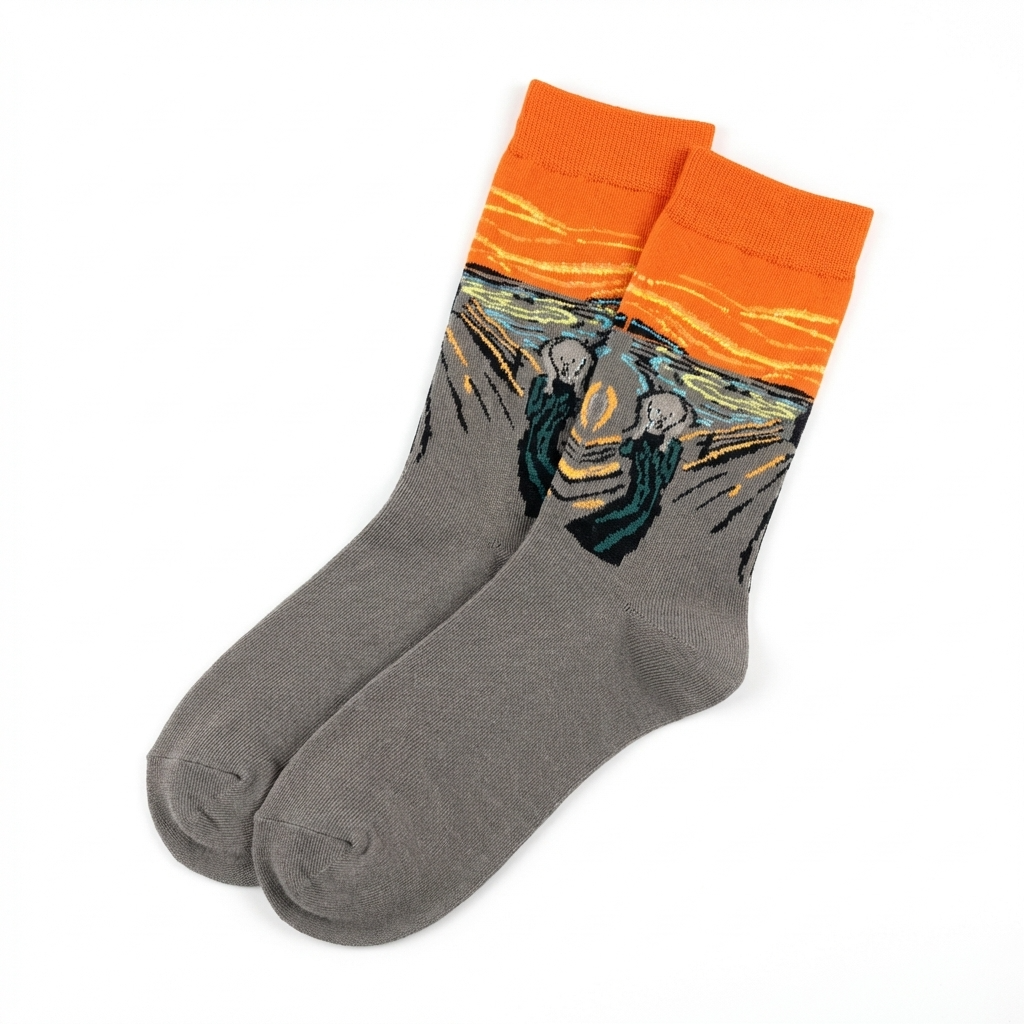 Gray socks with orange top and 'The Scream' design on a white background