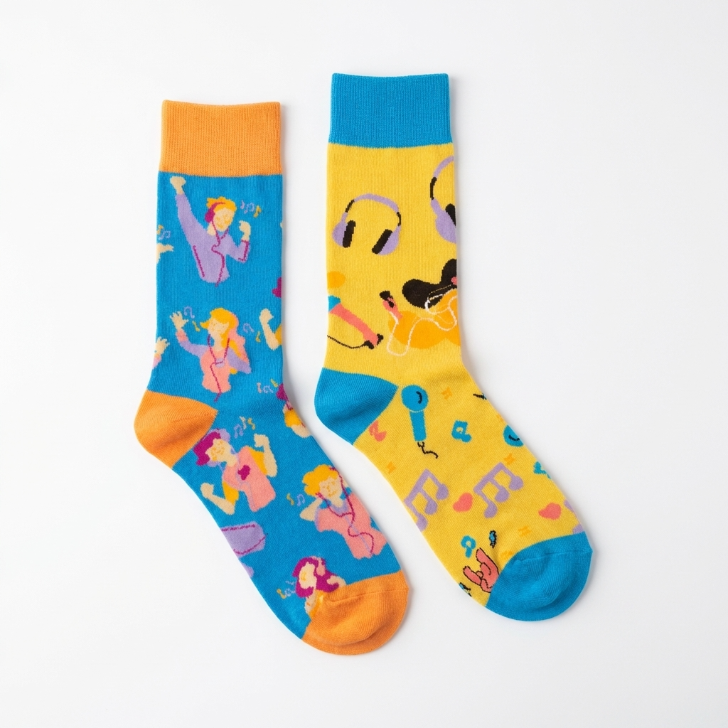 Two colorful socks with cartoon designs on a white background
