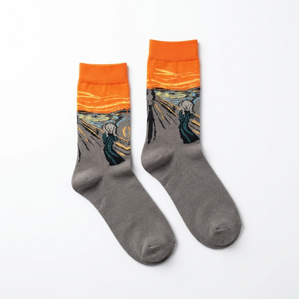 Gray socks with orange tops featuring a stylized 'The Scream' design on a white background