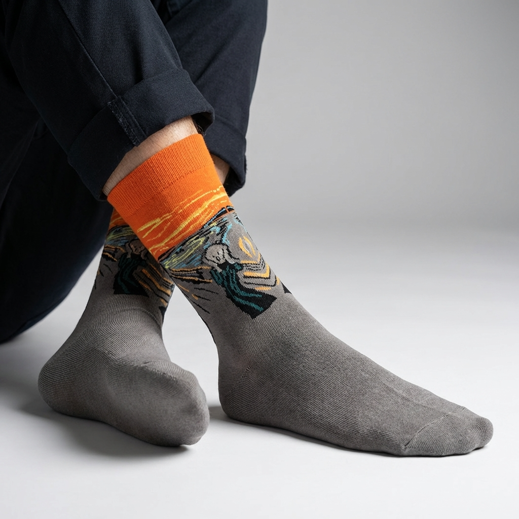 Person wearing gray socks with a colorful design on one foot and orange socks on the other, on a light gray background.