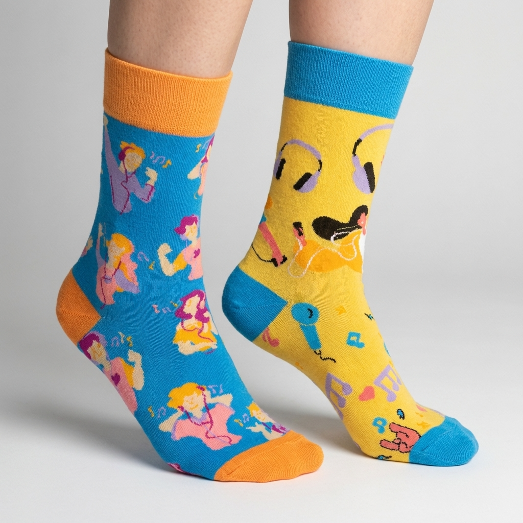 Colorful socks with cartoon designs on a neutral background