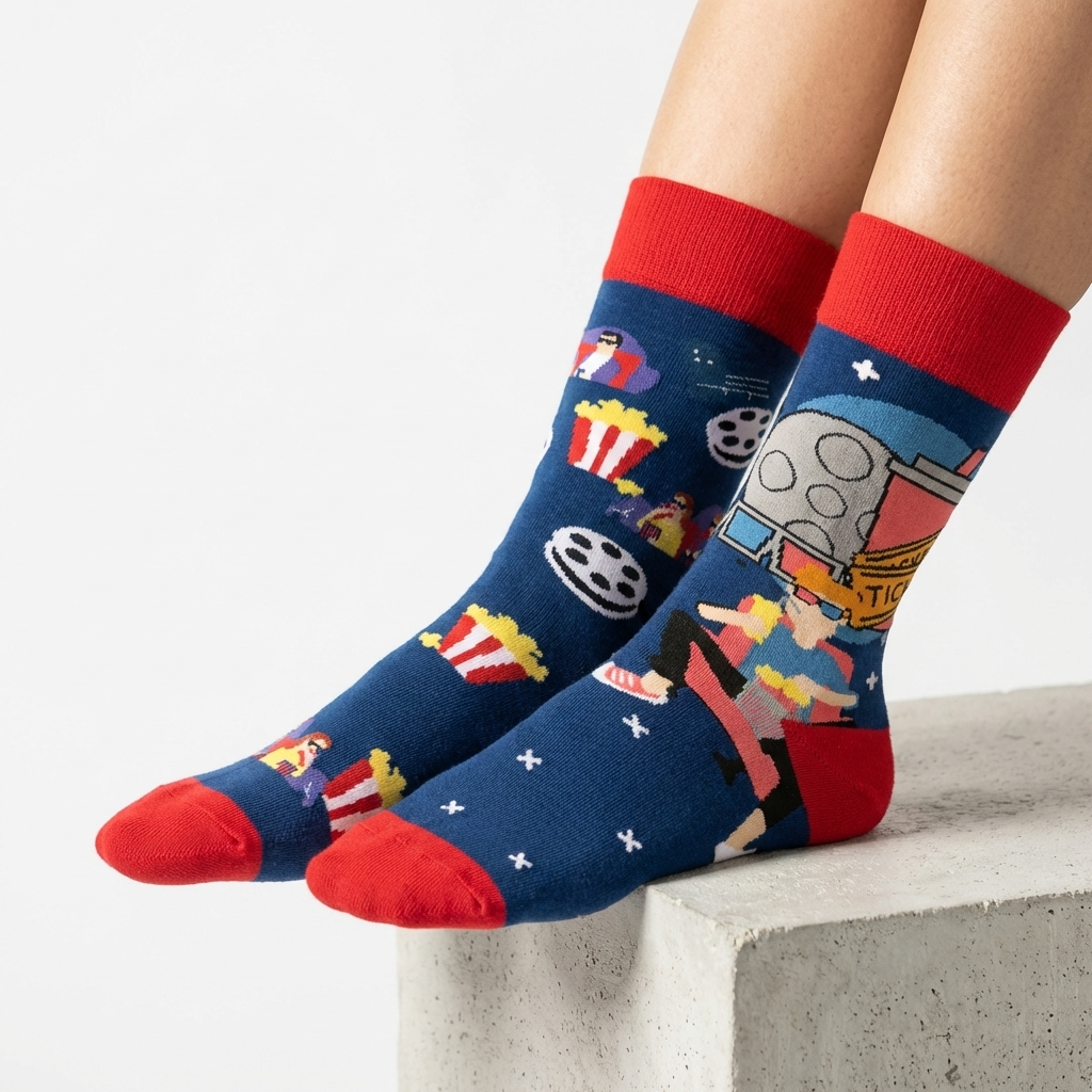 Colorful movie-themed socks with red toes and cuffs worn by a person on a light background