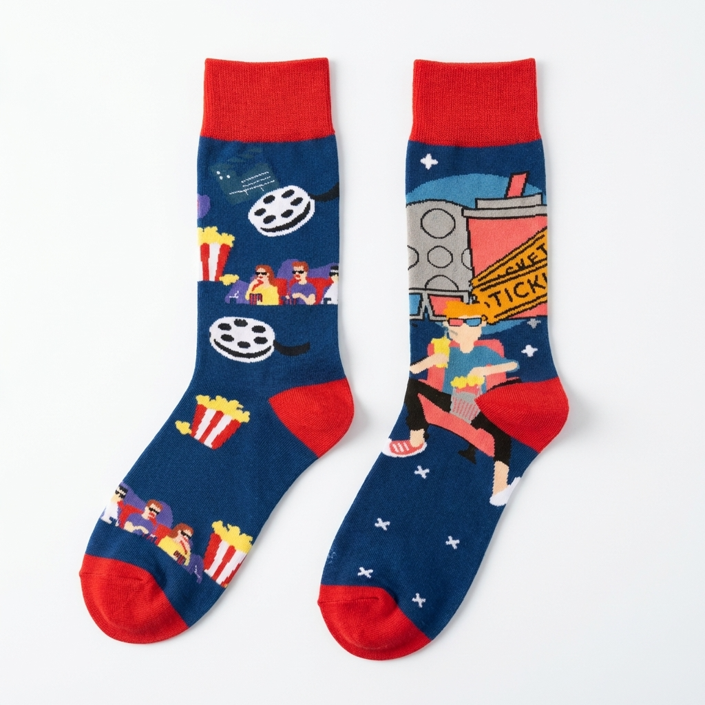 Pair of socks with movie-themed design on a white background