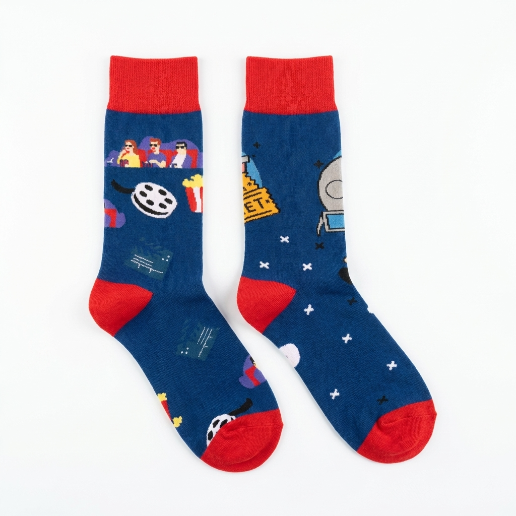 Two pairs of socks with movie-themed designs on a white background