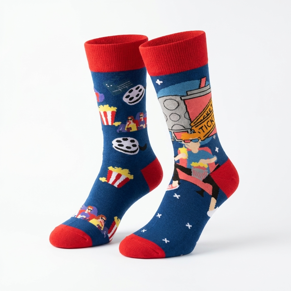 Pair of blue socks with red accents featuring movie-themed designs on a white background