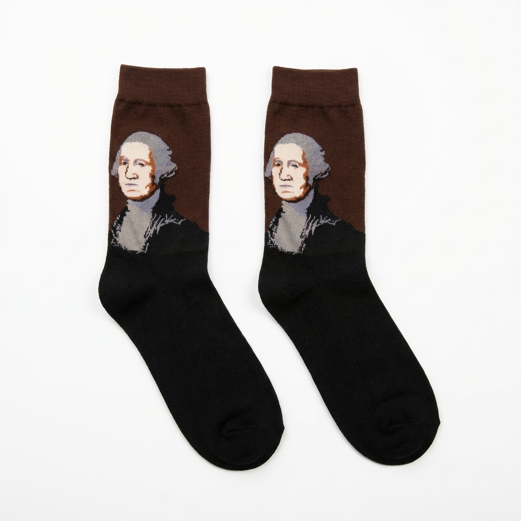 Black socks with a portrait of a historical figure on a white background