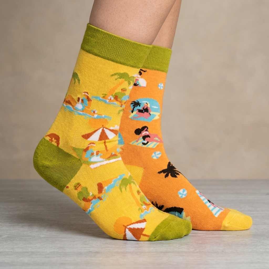 Colorful beach-themed socks with green accents on a neutral background