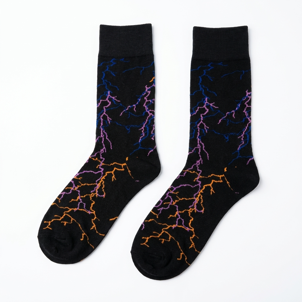 Black socks with colorful lightning bolt pattern on a white background
