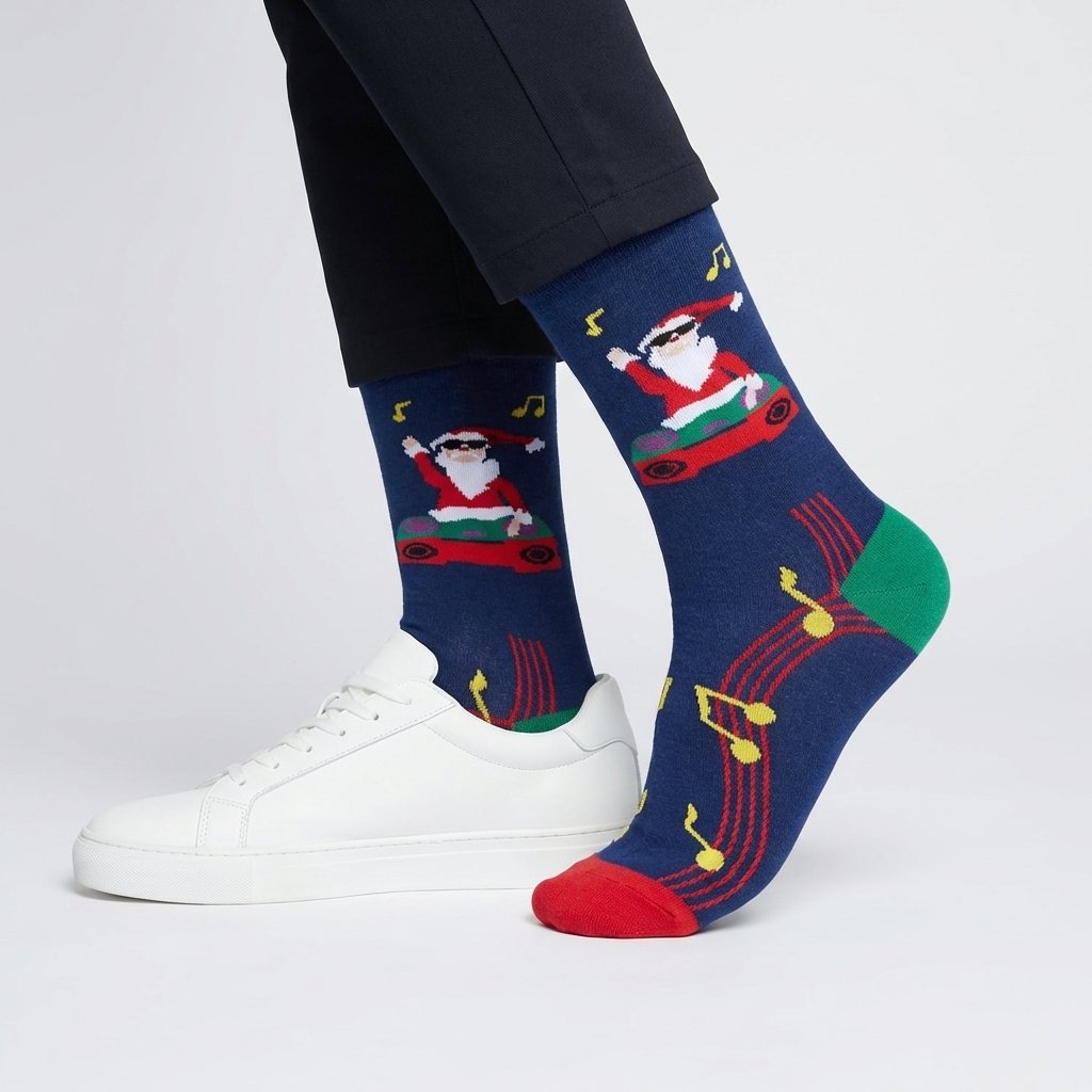 Colorful socks with a Santa Claus design on a white background