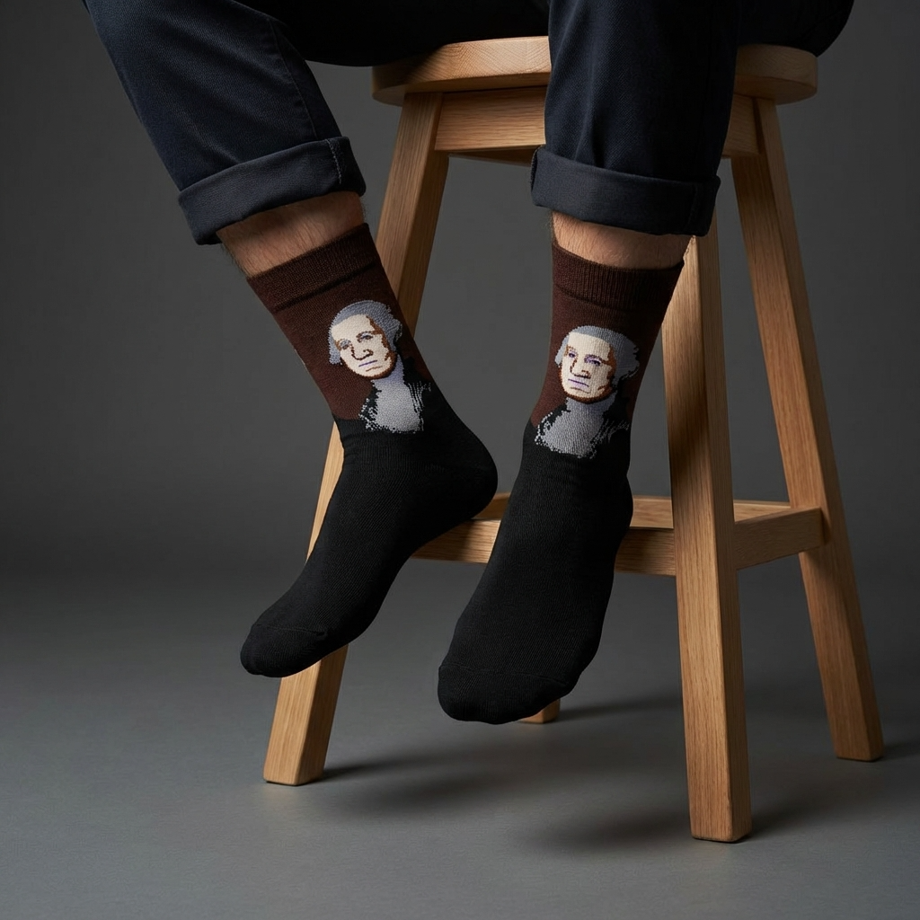 Person wearing socks with a printed face design, sitting on a wooden stool against a gray background