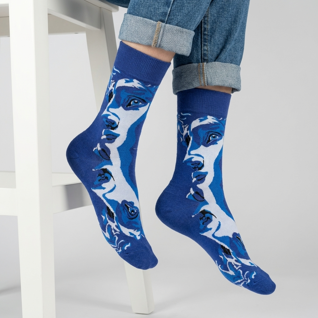Blue Abstract Face Art Crew Socks
