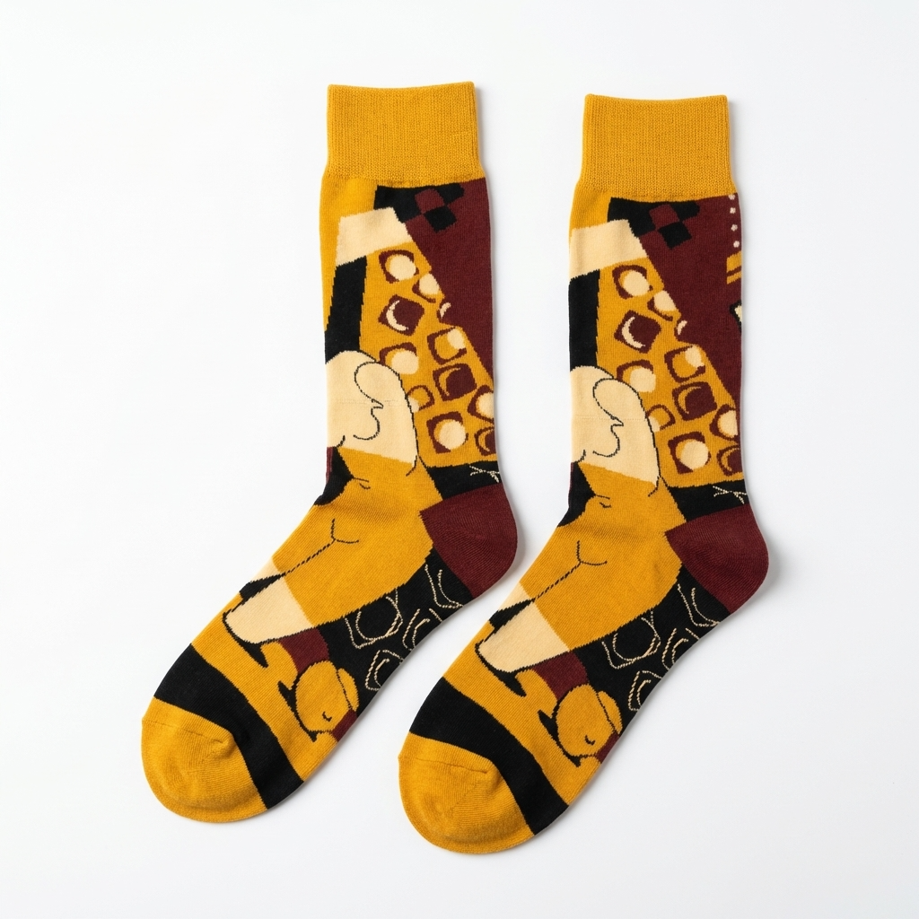 Pair of socks with artistic design on a white background