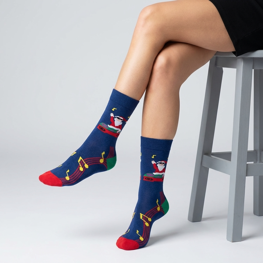 Person wearing festive socks with musical notes and Santa Claus on a light gray background