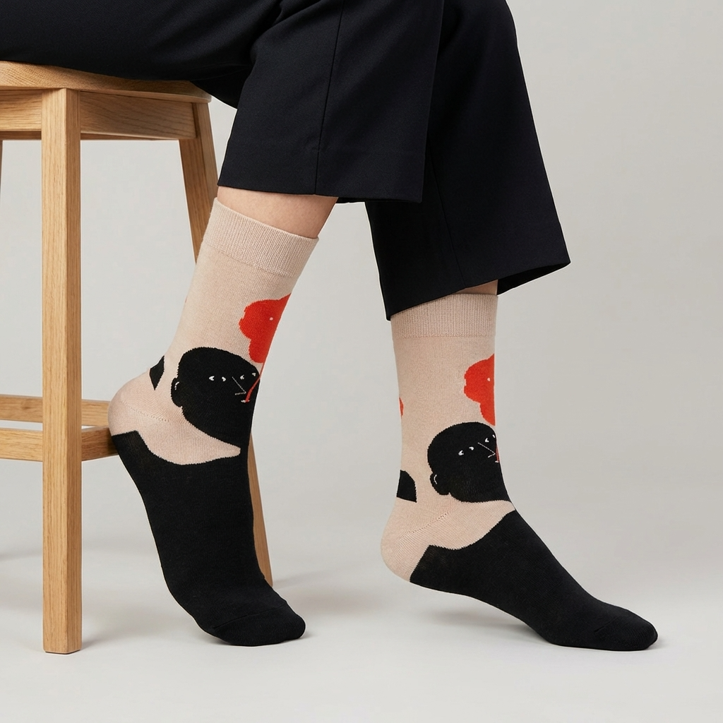 Person wearing socks with black pug designs on a light gray background