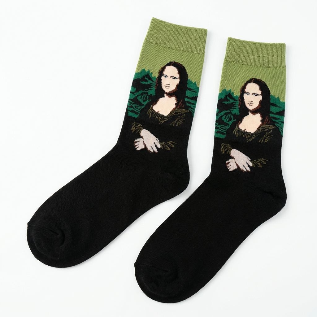 Mona Lisa-themed socks with green tops on a white background