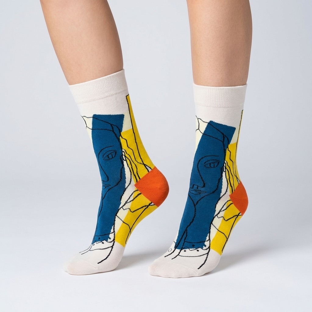 Picasso Collection – Blue & Yellow Line Art Abstract Face Crew Socks