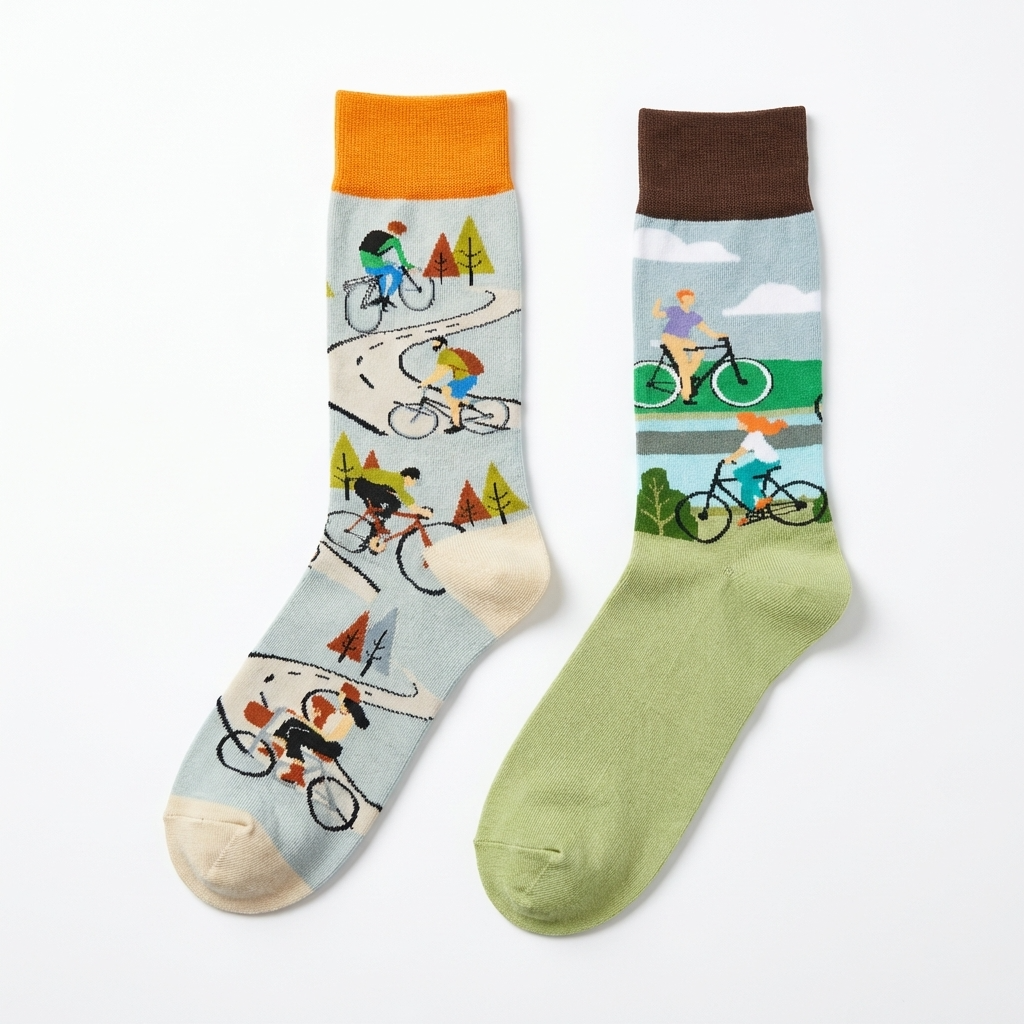 Two socks with bicycle-themed designs on a white background