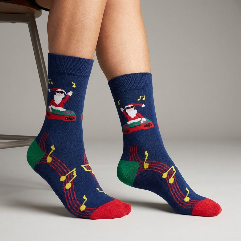 Navy blue socks with a festive design of Santa Claus on a red car and musical notes, worn by a person.