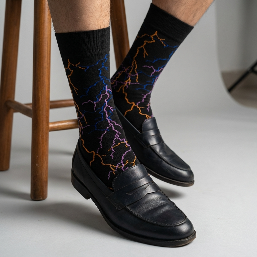 Black socks with colorful lightning pattern worn with black shoes on a neutral background
