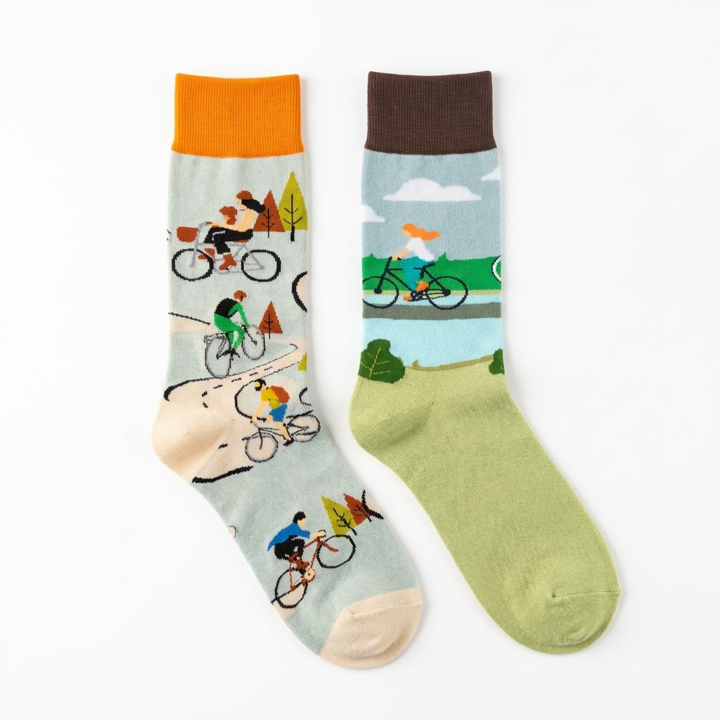 Two socks with bicycle-themed designs on a white background