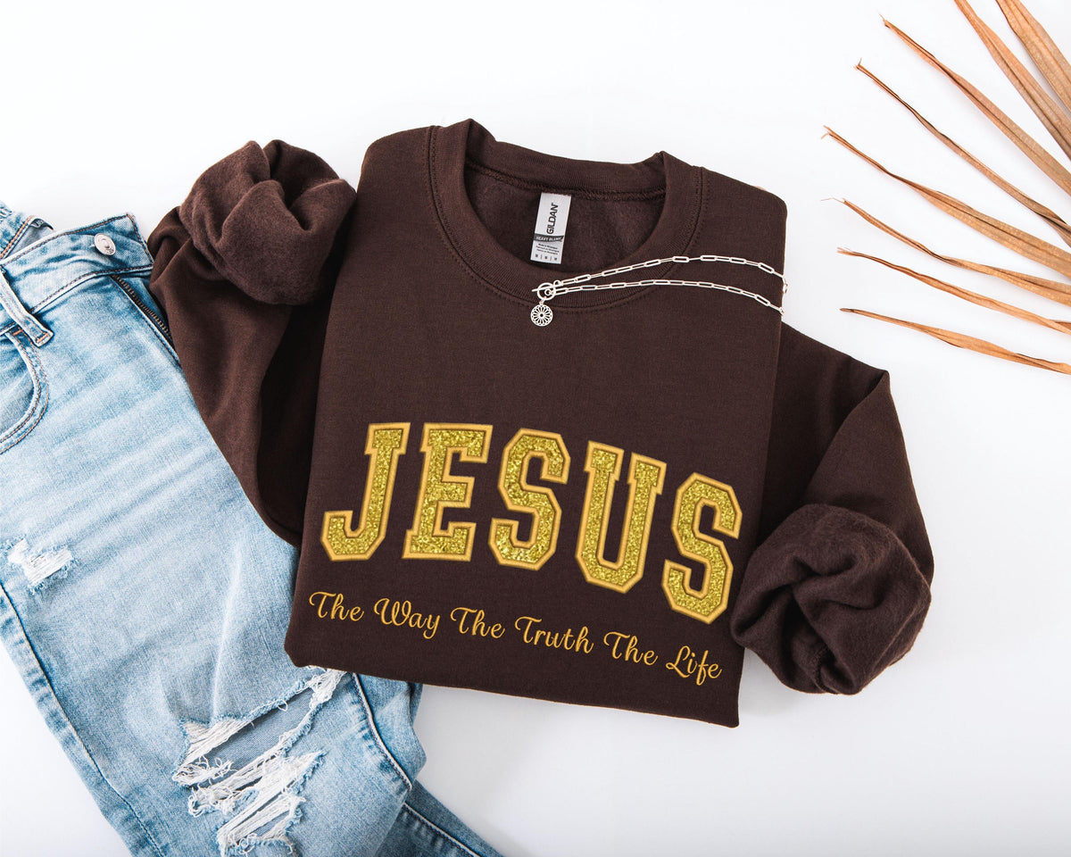 Glitter Embroidered JESUS Adult Sweatshirt