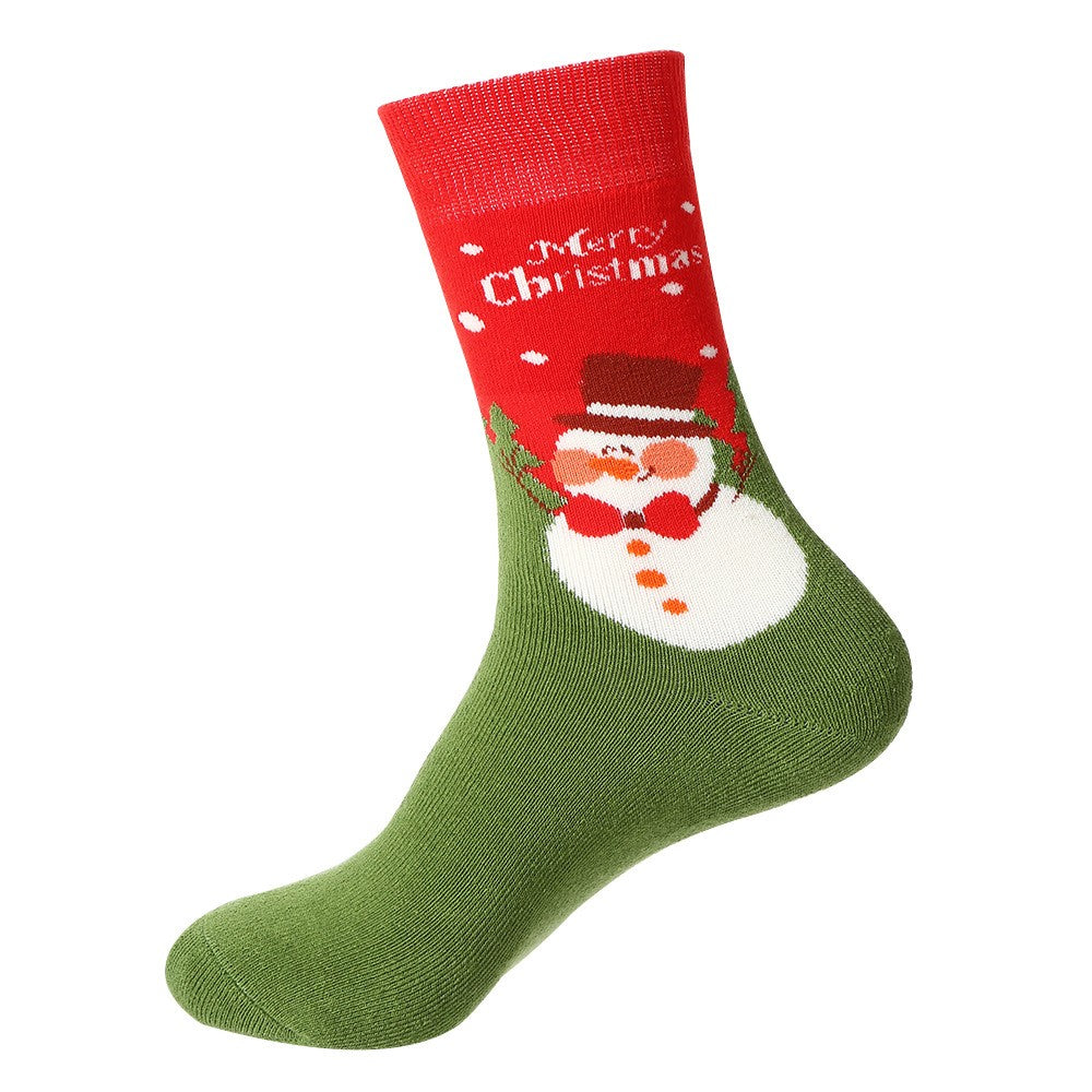 Green and red Christmas crew socks with a snowman and “Merry Christmas” text – unisex holiday socks
