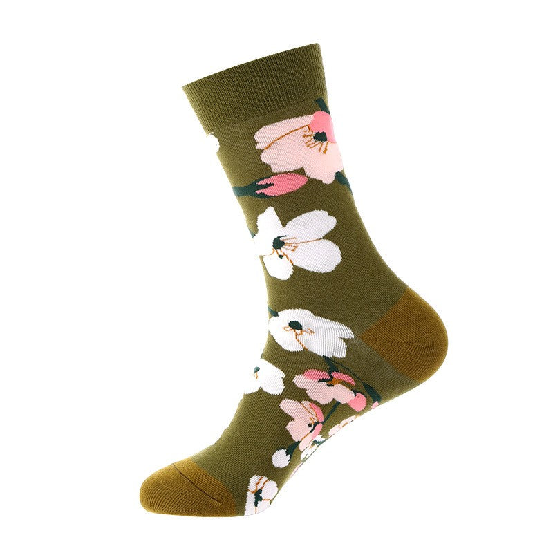 Olive green floral socks with white and pink blossoms