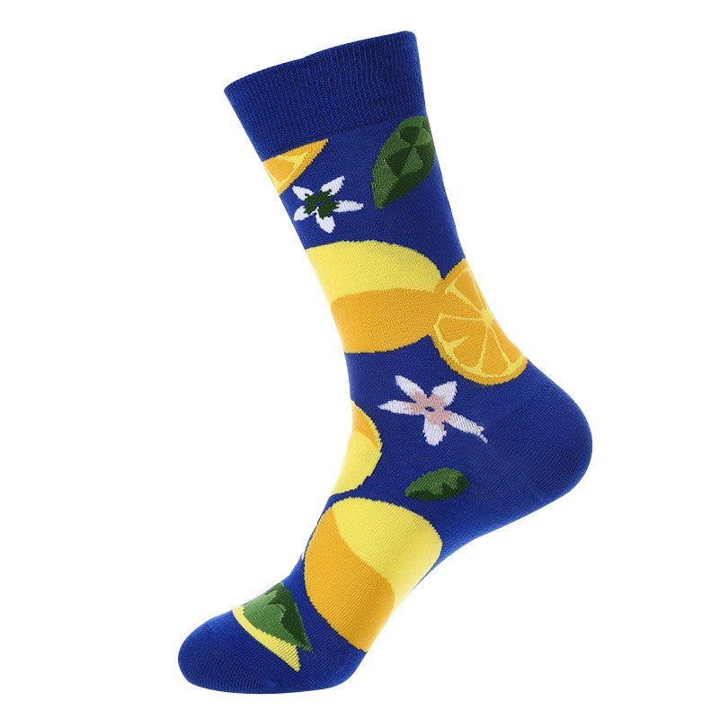 Blue novelty socks with bright yellow lemons, slices, and blossoms – unisex citrus fruit socks
