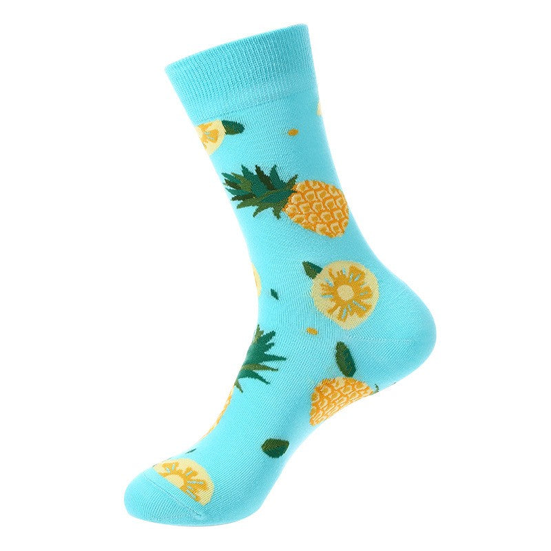 Blue novelty socks with yellow pineapple fruit pattern – unisex tropical fruit socks