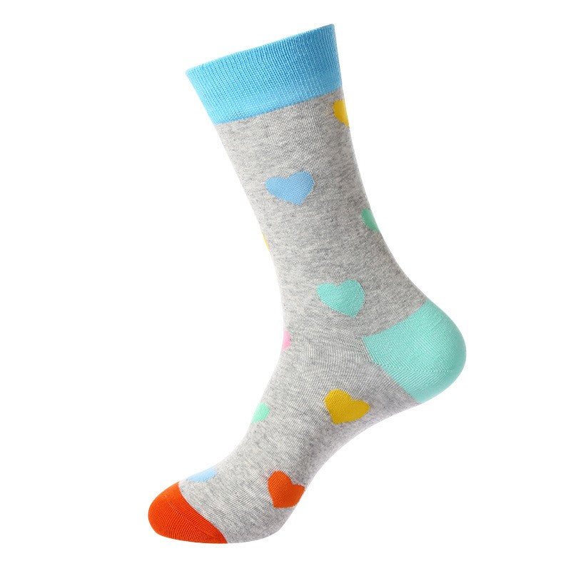 Gray sock with colorful heart patterns 