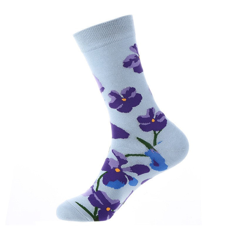 Light blue socks with purple flower design – unisex floral novelty socks