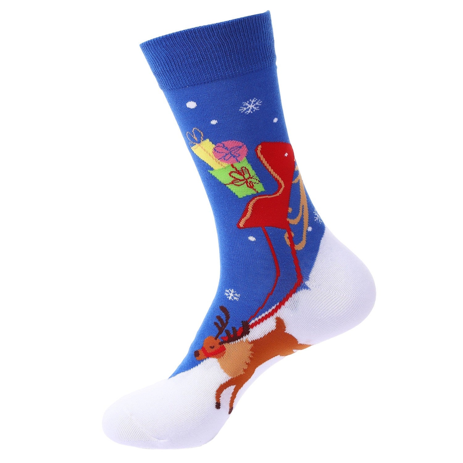 Blue and white Christmas socks with reindeer pulling a red sleigh full of gifts – fun unisex holiday crew socks