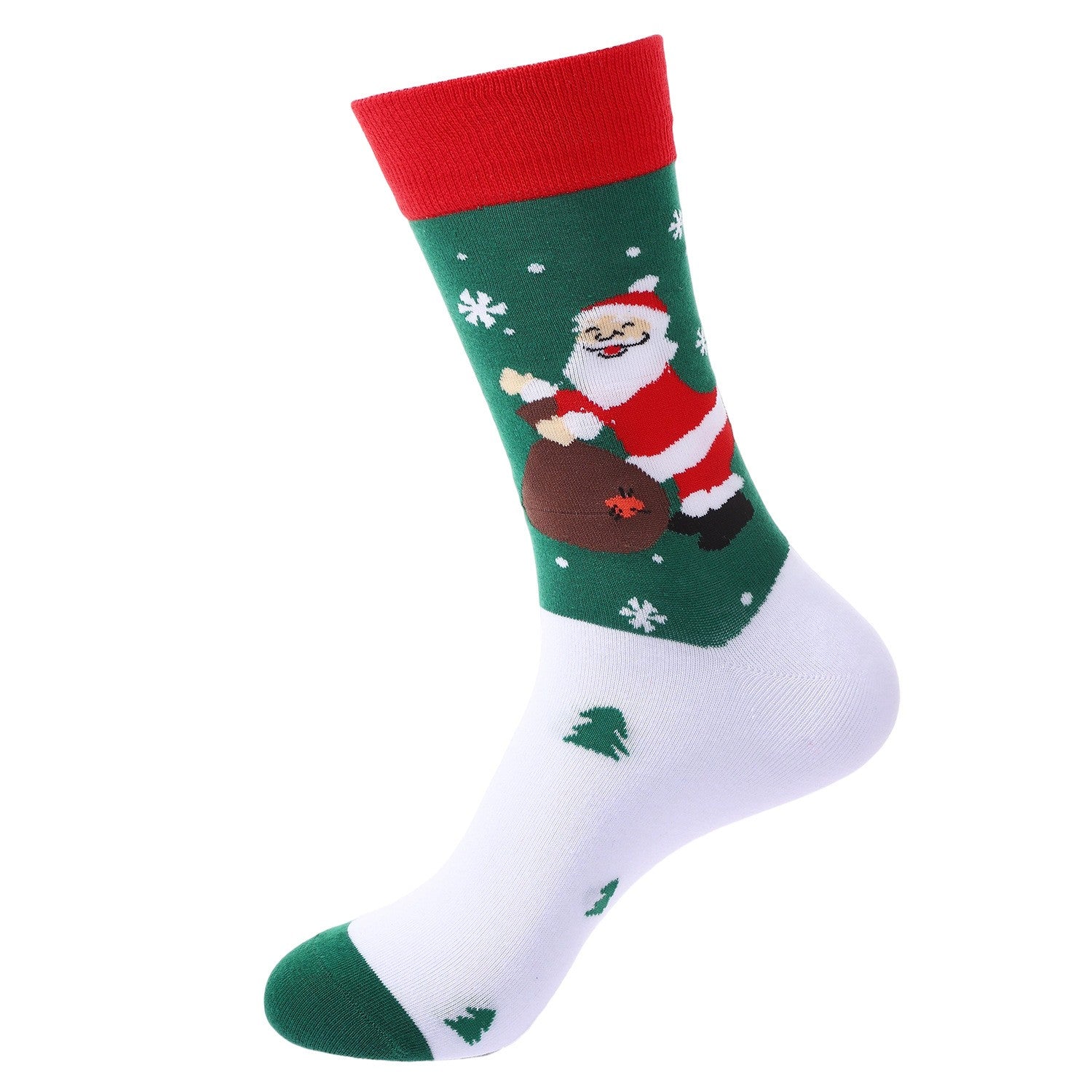Christmas socks with Santa carrying a gift bag, snowflakes, and Christmas tree icons – red, green, and white unisex crew style