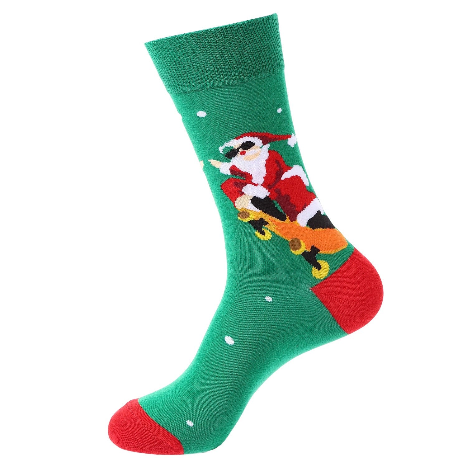 Green holiday socks with Santa riding a yellow skateboard – festive unisex crew socks with red accents