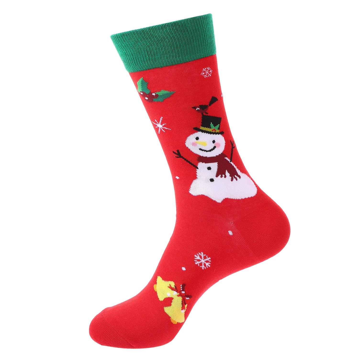 Bright red Christmas socks with smiling snowman, yellow bells, holly, and snowflakes – cozy unisex holiday crew design
